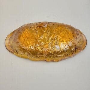 Vintage Indiana Marigold Carnival Glass Sunflower Relish/Candy Dish w/Handles